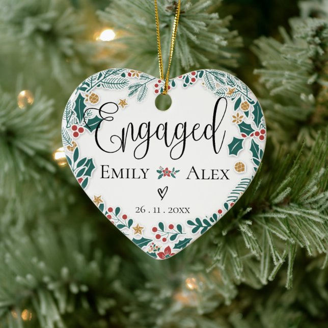 Engaged Our First Christmas Red Berries Christmas  Ceramic Ornament (Tree)