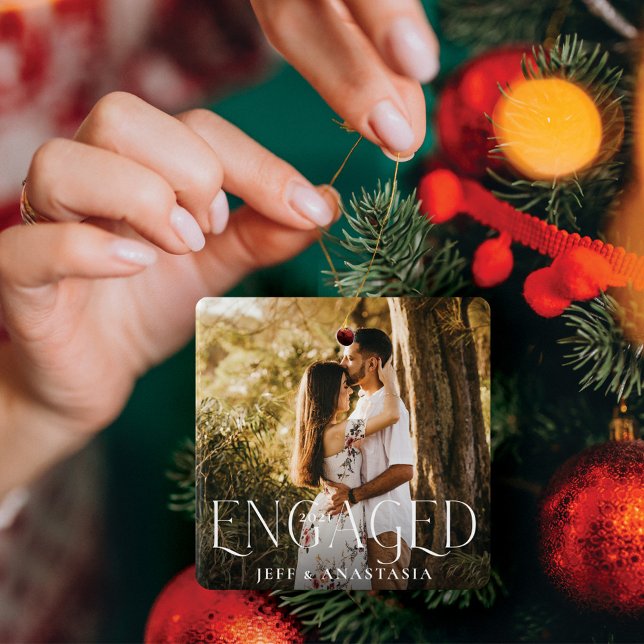 Engaged Overlay Minimal & Modern Couple Photo Ceramic Ornament (Engaged Overlay Minimal & Modern Couple Photo Ceramic Ornament)