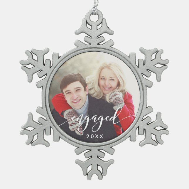 Engaged Photo Snowflake Christmas Holiday Ornament (Front)