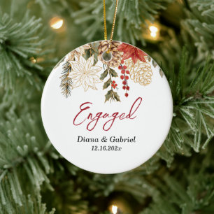 Engaged Red Flowers Christmas  Ceramic Ornament