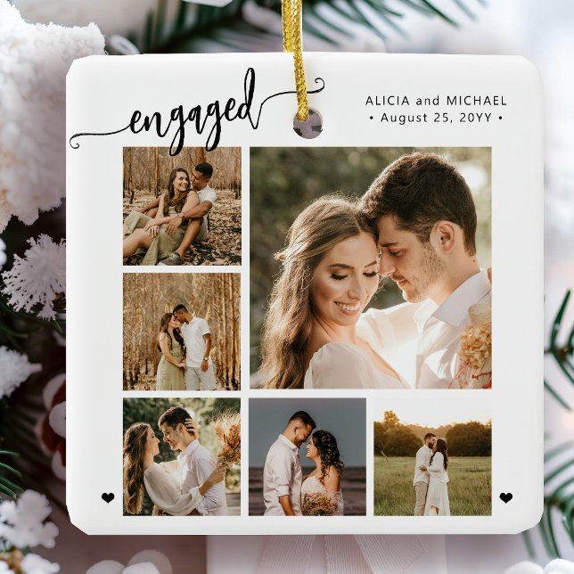 Engaged script 6 photo engagement keepsake ceramic ornament (Creator Uploaded)