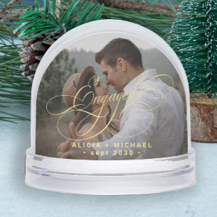 Engaged simple elegant script 2 photos keepsake snowglobe