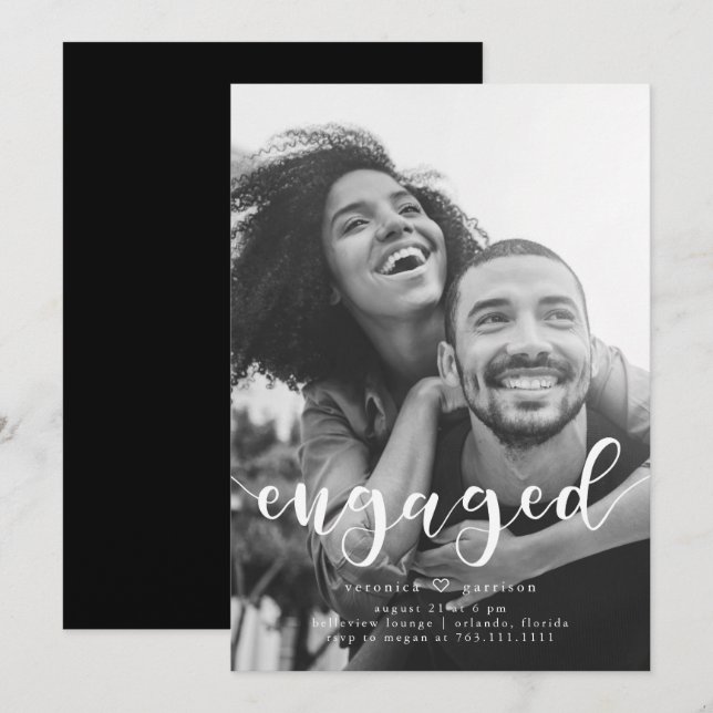 Engaged Simple Typography Engagement Party Photo Invitation (Front/Back)