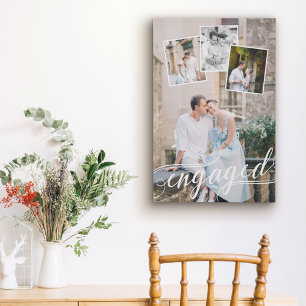 Engaged Swirly Script Photo Collage Faux Canvas Print
