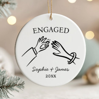 Engaged Whimsical Hand Drawn Engagement Christmas Ceramic Ornament