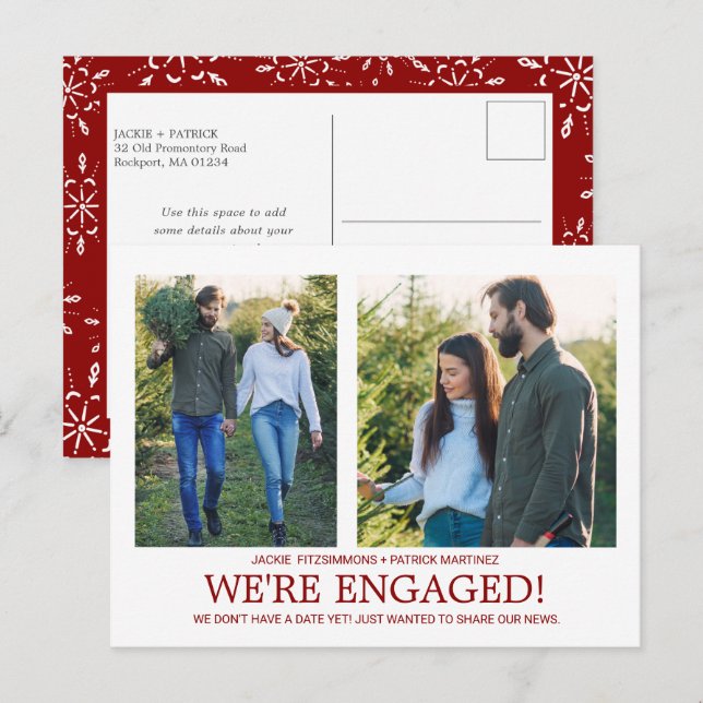 Engagement Announcement 2 Photo Snowflake Pattern Postcard (Front/Back)