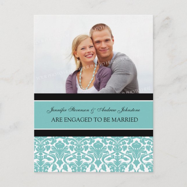 Engagement Announcement Photo Postcard Teal Damask (Front)