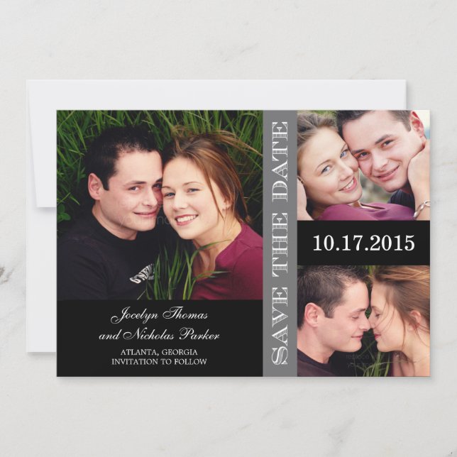 Engagement Collage Save The Date Card - Grey (Front)