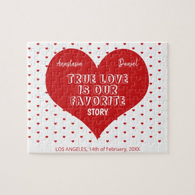 Engagement couples names and year red heart jigsaw puzzle (Horizontal)