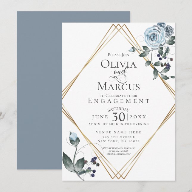 ENGAGEMENT | Dusty Blue Watercolor Floral Invitation (Front/Back)