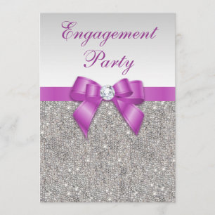 Engagement Faux Silver Sequins Radiant Orchid Bow Invitation