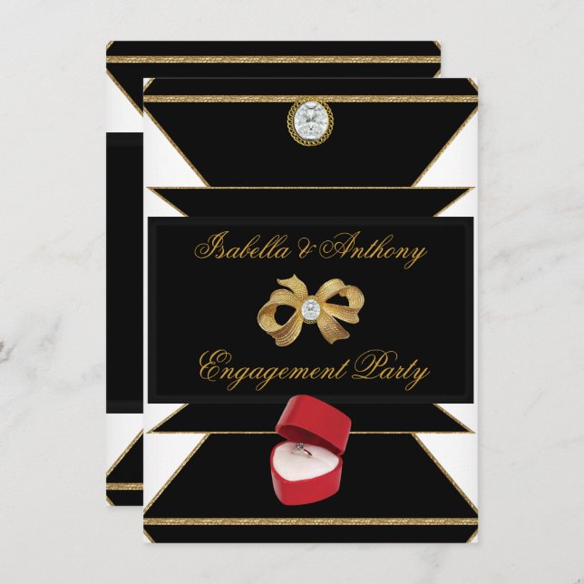 Engagement Gold Diamond Ring Red Black Party Invitation (Front/Back)