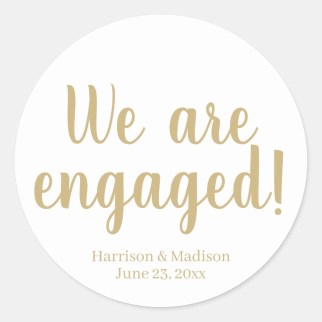 Engagement gold script custom announcement favours classic round sticker (Front)