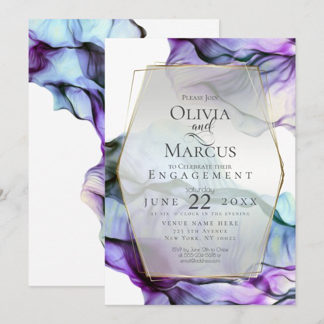 ENGAGEMENT | Intense Indigo Teal Abstract Ink Invitation (Front/Back)