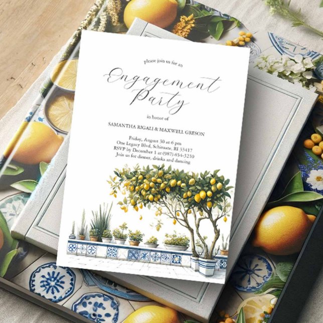 Engagement Invitations Elegant Alfresco Theme (Lemon themed engagement party invitations with blue and yellow colors)
