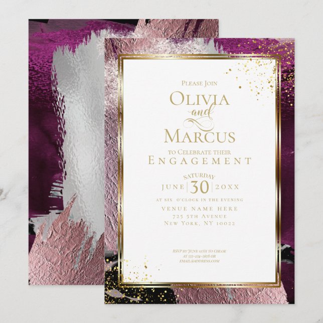 ENGAGEMENT | Modern Bold Abstract Wine Strokes Inv Invitation (Front/Back)