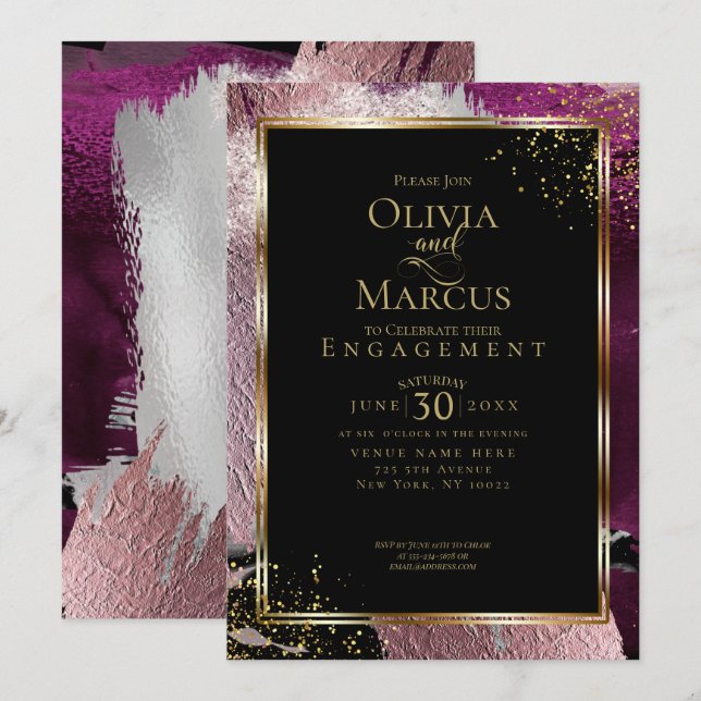 ENGAGEMENT | Modern Bold Abstract Wine Strokes Invitation (Front/Back)