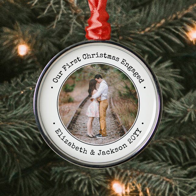 Engagement Our First Christmas Simple Black White Metal Ornament (Creator Uploaded)