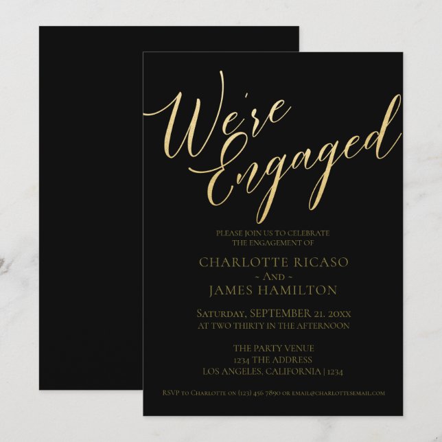 Engagement Party Black Gold Typography Invitation (Front/Back)