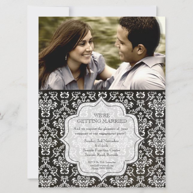 Engagement Party Black Night Damask Photo Invite (Front)