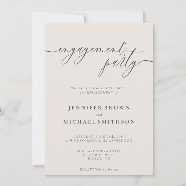 Engagement Party Calligraphy Navy Beige Invitation (Front)
