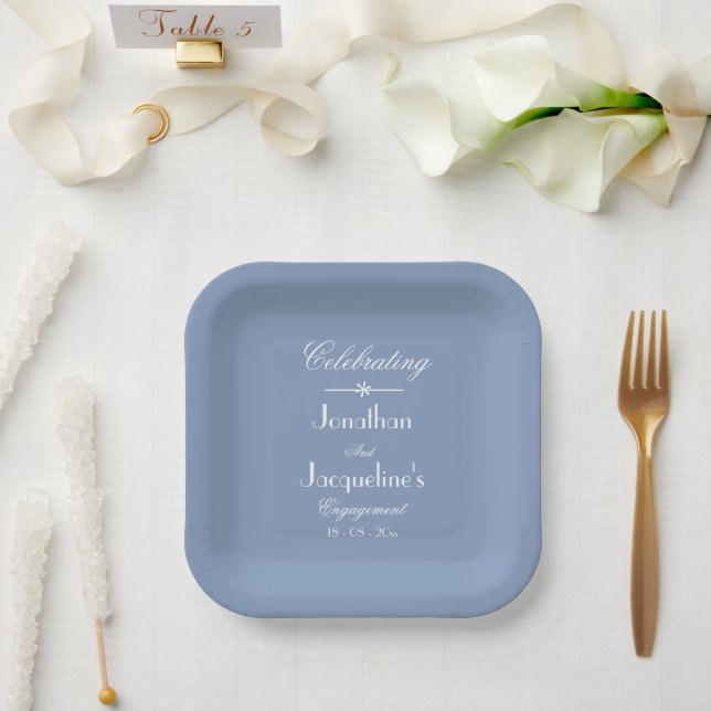 Engagement Party Classic Script Elegant Dusty Blue Paper Plate (Wedding)