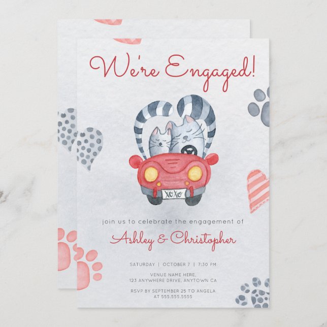 Engagement Party Cute Cartoon Cats Modern Informal Invitation (Front/Back)