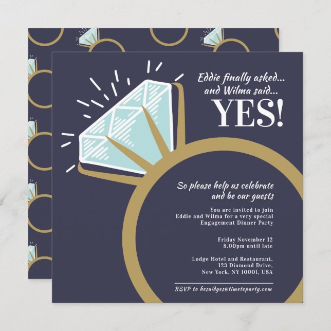 Engagement party diamond gold ring graphic invitation (Front/Back)