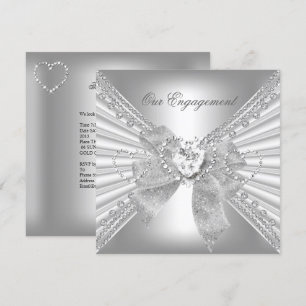 Engagement Party Diamond Heart White Silver Bow Invitation
