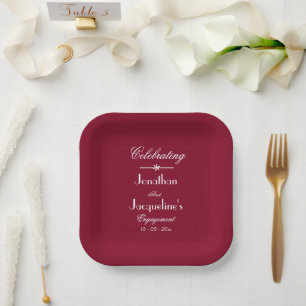 Engagement Party Elegant Script Rustic Burgundy Paper Plate