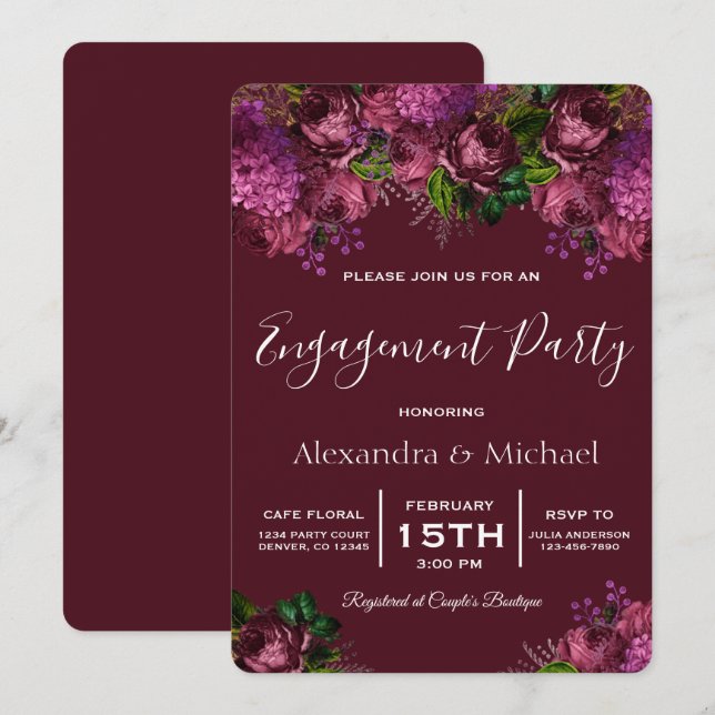 Engagement Party Floral Marsala Burgundy Invitation (Front/Back)