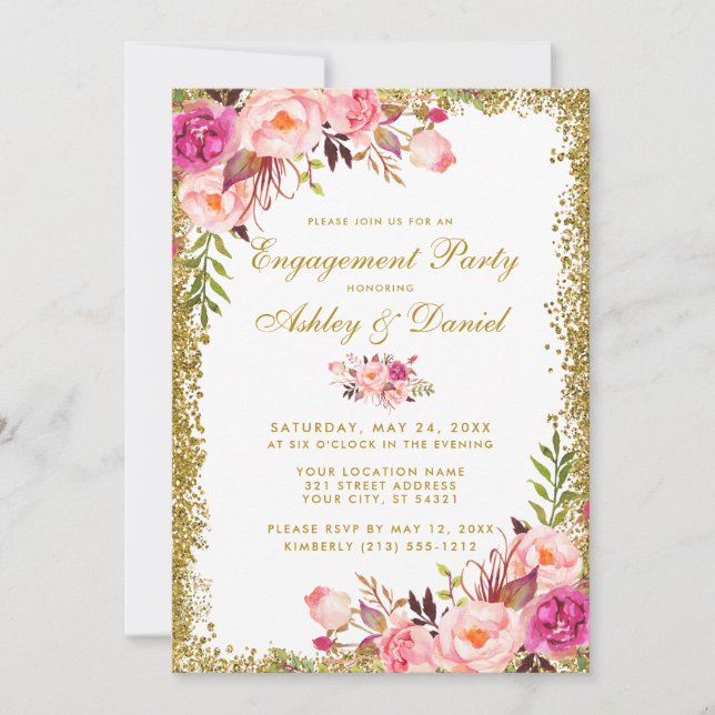 Engagement Party Floral Pink Gold Glitter Invite (Front)