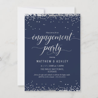 Engagement Party Invitation - Elegant Silver, Navy