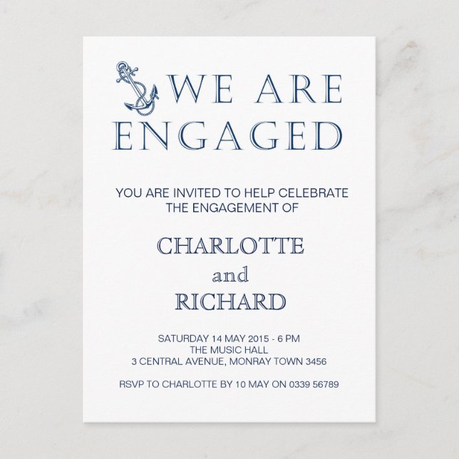 Engagement party invitation nautical theme postcard (Front)