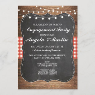 Engagement Party Lights Red Check Wood Invite