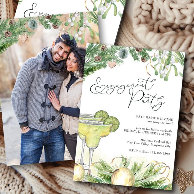 Engagement Party Margaritas and Mistletoe Photo Invitation (Winter Engagement Party invitation with margarita cocktails, pine and mistletoe by Darling & May)