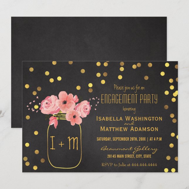 Engagement Party Mason Jar Confetti Chalkboard Invitation (Front/Back)