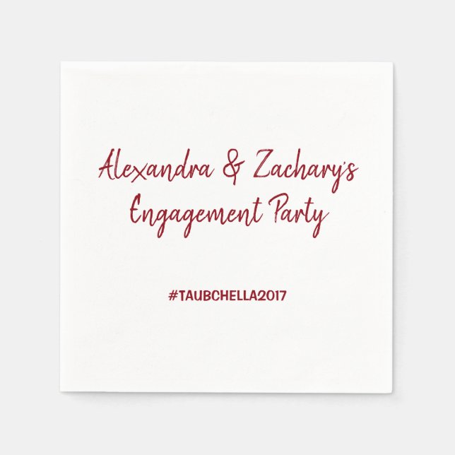 Engagement Party Napkins w Hashtag Deep Red (Front)