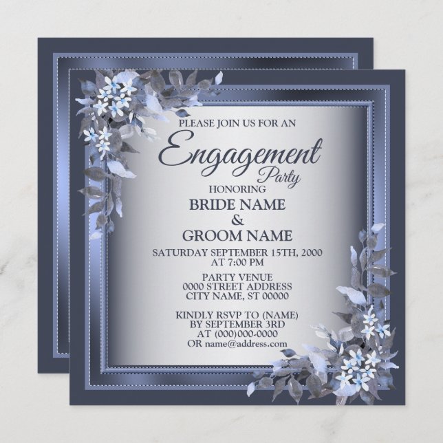 Engagement Party Navy Blue Floral Silver Grey Invitation (Front/Back)