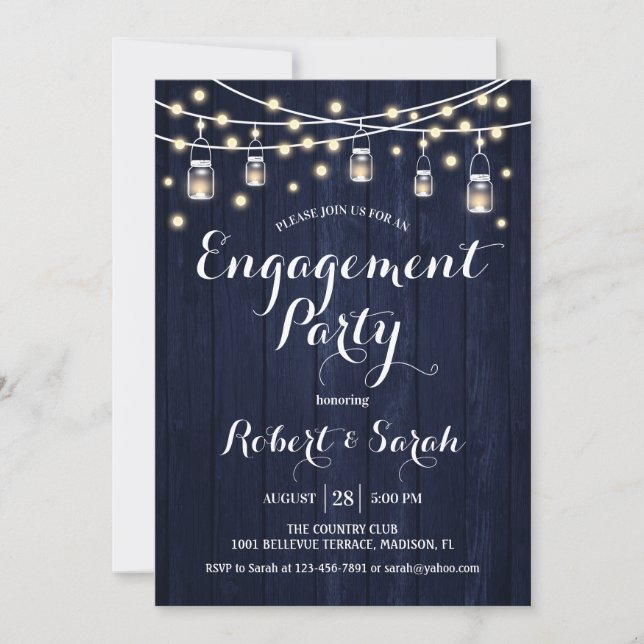 Engagement Party - Navy Blue Rustic Wood Invitation (Front)