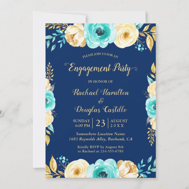 Engagement Party - Navy Blue Teal Gold Floral Invitation (Front)