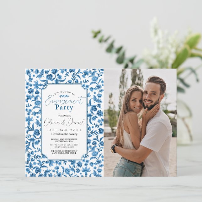 Engagement Party Photo Chintz Blue Floral Ditsy Invitation (Standing Front)
