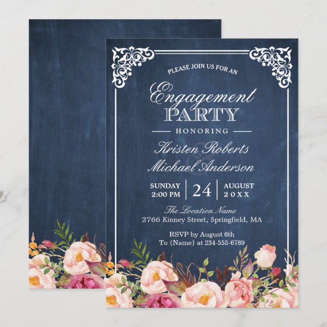 Engagement Party Pink Floral Blue Chalkboard Invitation (Front/Back)