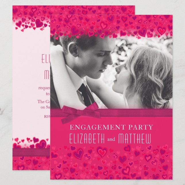 Engagement party pink hearts photo bow invitation (Front/Back)