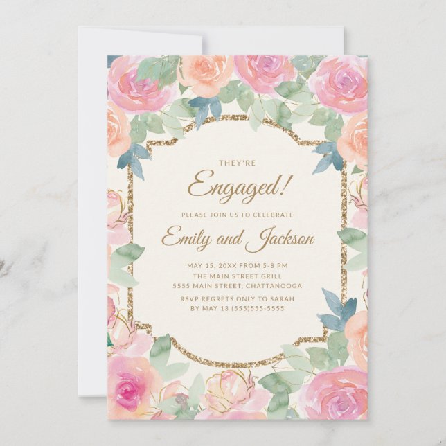 Engagement Party Pink Peach Floral Gold Invitation (Front)