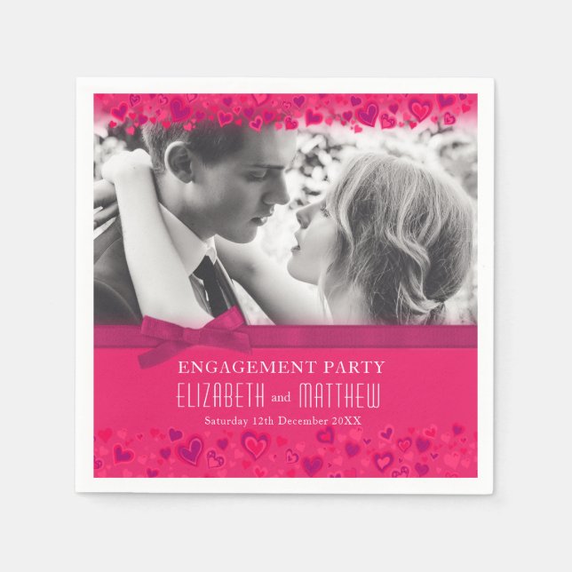 Engagement party pink red hearts photo bow napkin (Front)