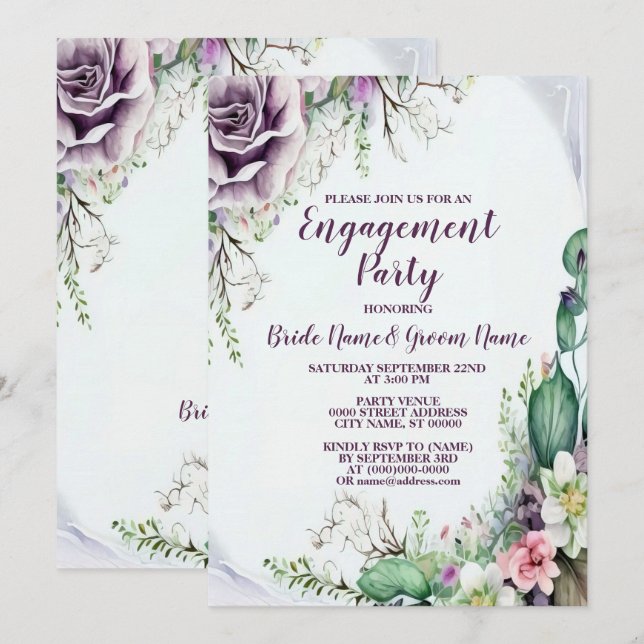 Engagement Party Purple Floral Green Foliage Invitation (Front/Back)
