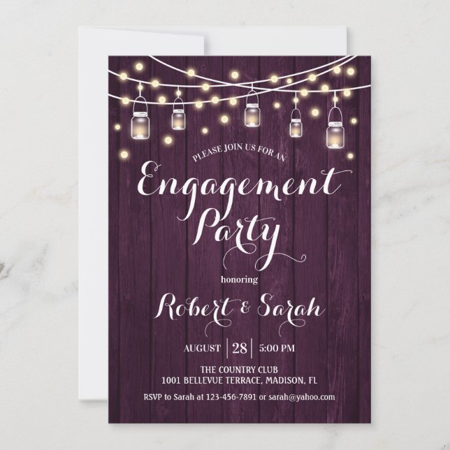 Engagement Party - Purple Rustic Wood Invitation (Front)
