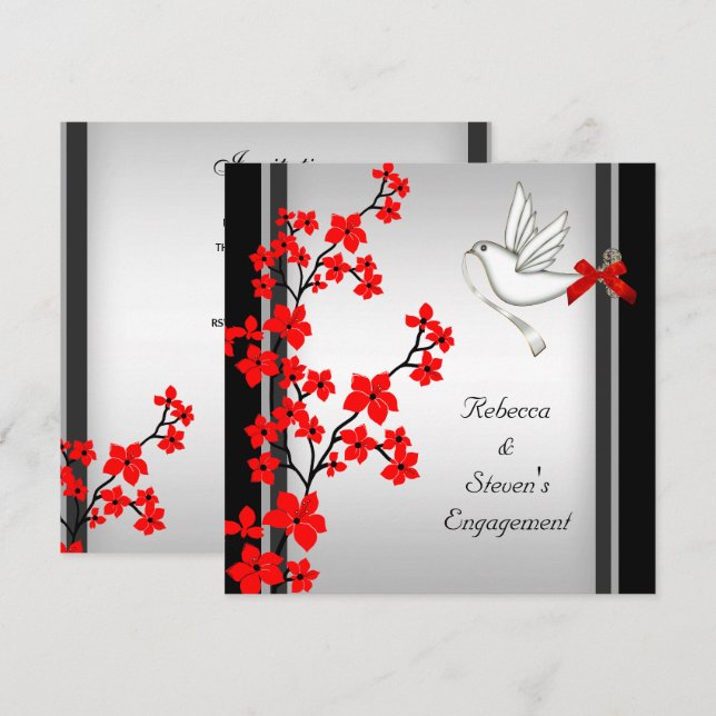 Engagement Party Red White Blossom Black Invitation (Front/Back)