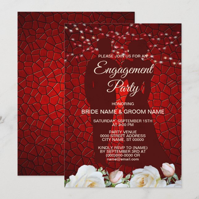 Engagement Party  Red White Floral Modern Elegant Invitation (Front/Back)
